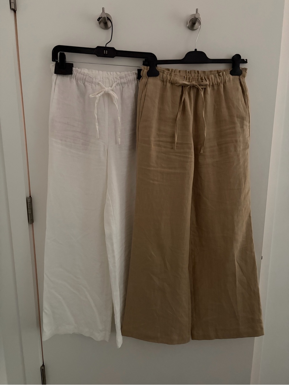 2 Pair of Boden Wide-Leg Drawstring Linen Pants in White & Tan